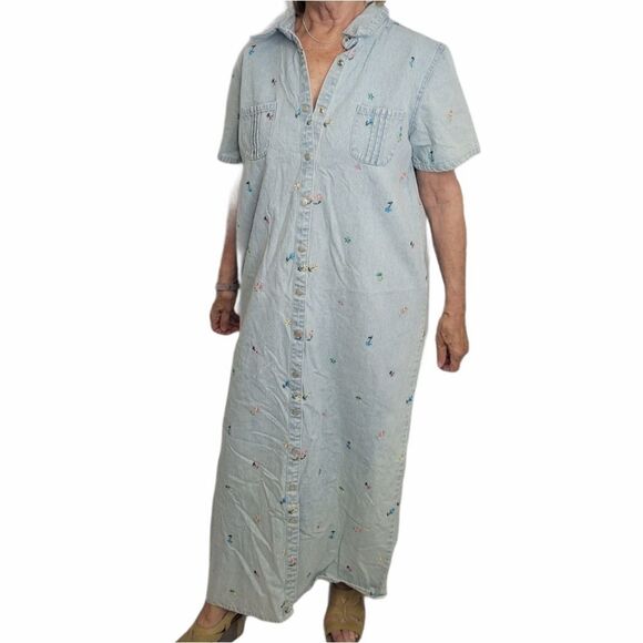VINTAGE 90s dress denim embroidered floral button up jean maxi L - Picture 4 of 8